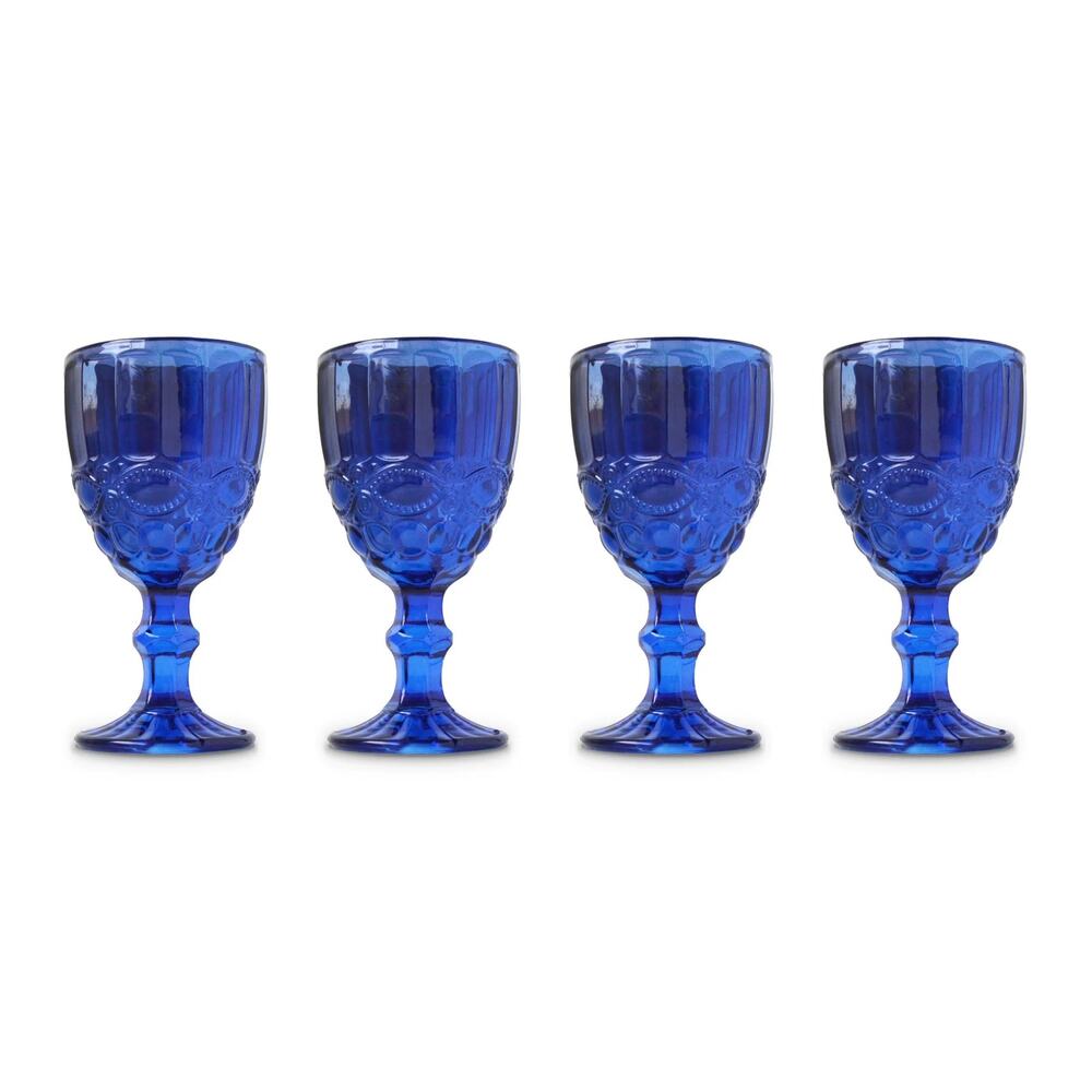 CHEFANIE Blue Embossed Goblets 7in Stem Glass Set of 4 NEW